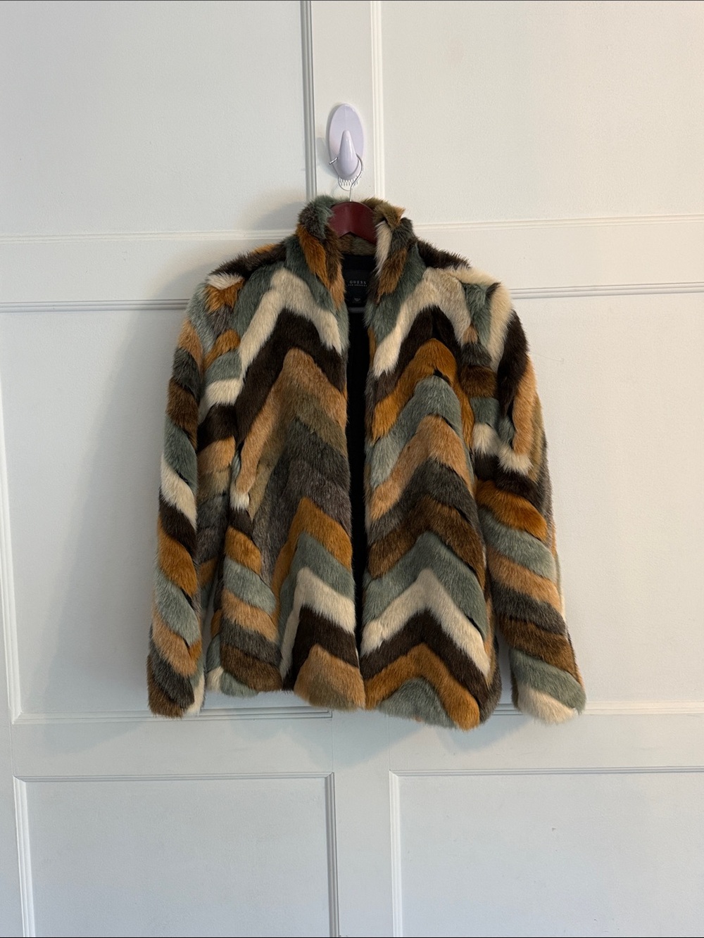 Guess Babita Multi Colour Chevron Faux Fur Jacket in Brown, Tan, Cream & Gray